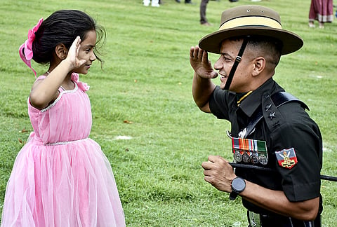 A newly commissioned officer with family after the Passing Out Parade of the 158th Regular Course and the 141st Technical Graduate Course at the Indian Military Academy (IMA), in Dehradun, Uttarakhand.