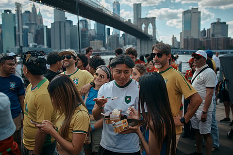 Fans gather to watch the FIFA World Cup Group C match between Brazil and Morocco during a public watch party in Brooklyn Bridge Park, Saturday, June 13, 2026, in New York.