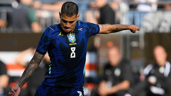 Brazil's Bruno Guimaraes (8) shoots to score during an international friendly soccer match in Cleveland. - AP Photo