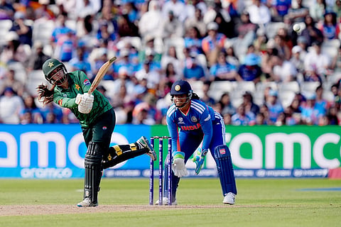 Pakistan's Aliya Riaz bats during the ICC Women's T20 World Cup, Group 1 cricket match between India and Pakistan in Birmingham, England.