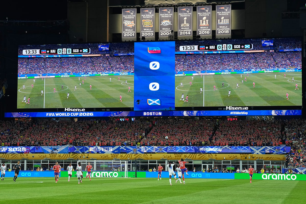 Players compete for the ball during the World Cup Group C soccer match between Haiti and Scotland in Foxborough, Mass., near Boston, Saturday, June 13, 2026. - AP Photo/Martin Meissner