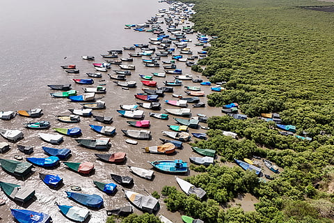 Fishing boats lie anchored along the Arabian sea coast during the monsoon fishing ban, at Uttan Beach, near Mumbai, Maharashtra. Monsoon fishing ban is from the 1st of June to the 31st of July. 