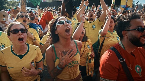 Brazil's fans sing while watching the FIFA World Cup Group C match between Brazil and Morocco during a public watch party in Central Park, Saturday, June 13, 2026, in New York.