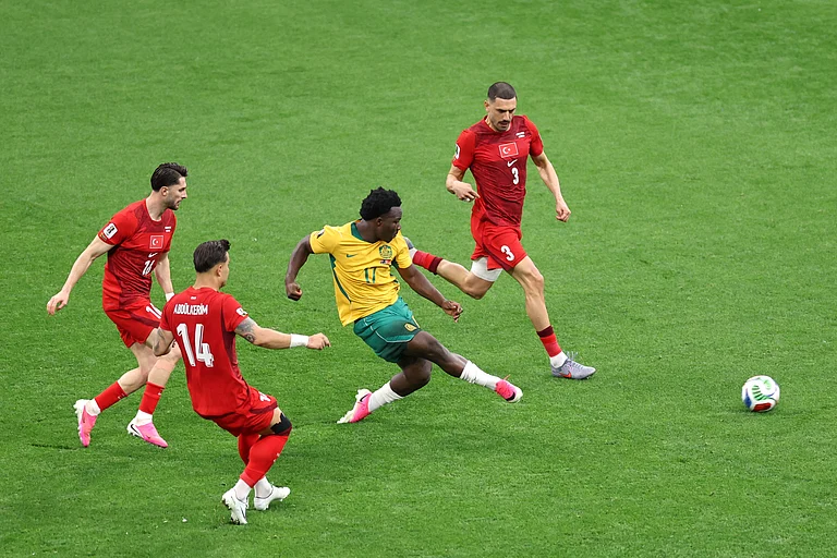 Australia's Nestory Irankunda (17) sends the ball into the net for the first goal of the match during the World Cup Group D soccer match between Australia and Turkey in Vancouver, Canada, Saturday, June 13, 2026. - AP Photo/Emma Peterson