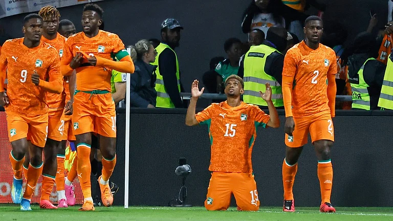 Ivory Coast's Amad Diallo, centre, celebrates after scoring his side's second goal during the international friendly soccer match between France and Ivory Coast in Nantes, France. - AP Photo