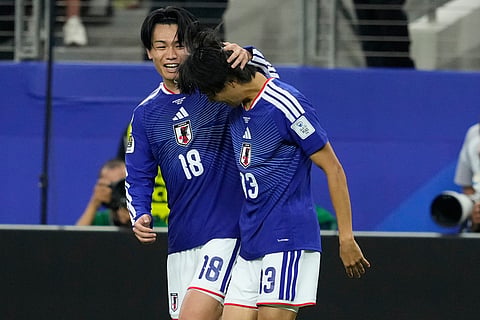Japan's Ayase Ueda, left, and Keito Nakamura celebrate after a goal during the World Cup Group F soccer match between the Netherlands and Japan in Arlington, Texas, near Dallas, Sunday, June 14, 2026.