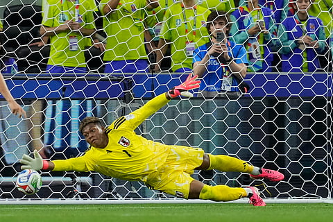 Japan goalkeeper Zion Suzuki fails to save second goal during the World Cup Group F soccer match between the Netherlands and Japan in Arlington, Texas, near Dallas, Sunday, June 14, 2026.