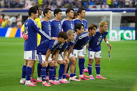 Japan team pose for a group photo prior to a World Cup Group F soccer match against the Netherlands in Arlington, Texas, near Dallas, Sunday, June 14, 2026.