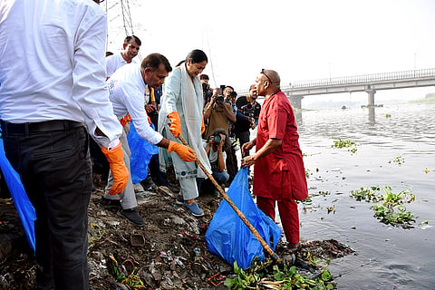 Delhi Chief Minister Rekha Gupta participates in a Yamuna cleaning drive, in New Delhi.