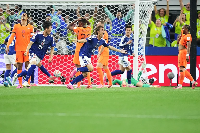 Japan's Koki Ogawa (19) and Takehiro Tomiyasu (22) celebrate their side's second goal against the Netherlands during a World Cup Group F soccer match in Arlington, Texas, near Dallas, Sunday, June 14, 2026. - AP Photo/Julio Cortez