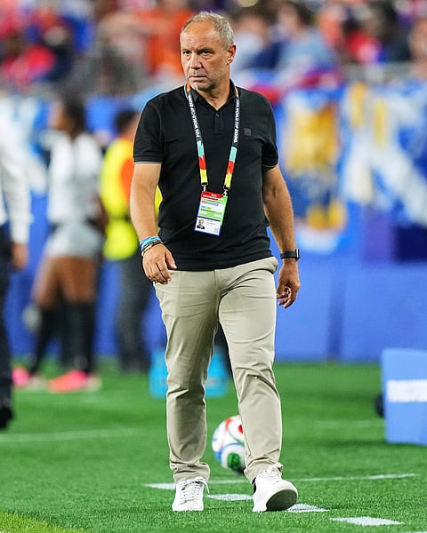Haiti head coach Sebastien Migne reacts during the World Cup Group C soccer match between Haiti and Scotland in Foxborough, Mass., near Boston, Saturday, June 13, 2026.