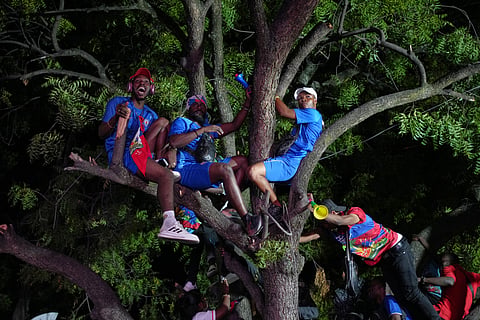 Haitian fans watch the match between Scotland and Haiti from up in a tree during a World Cup viewing party in Port-au-Prince, Haiti, Saturday, June 13, 2026.