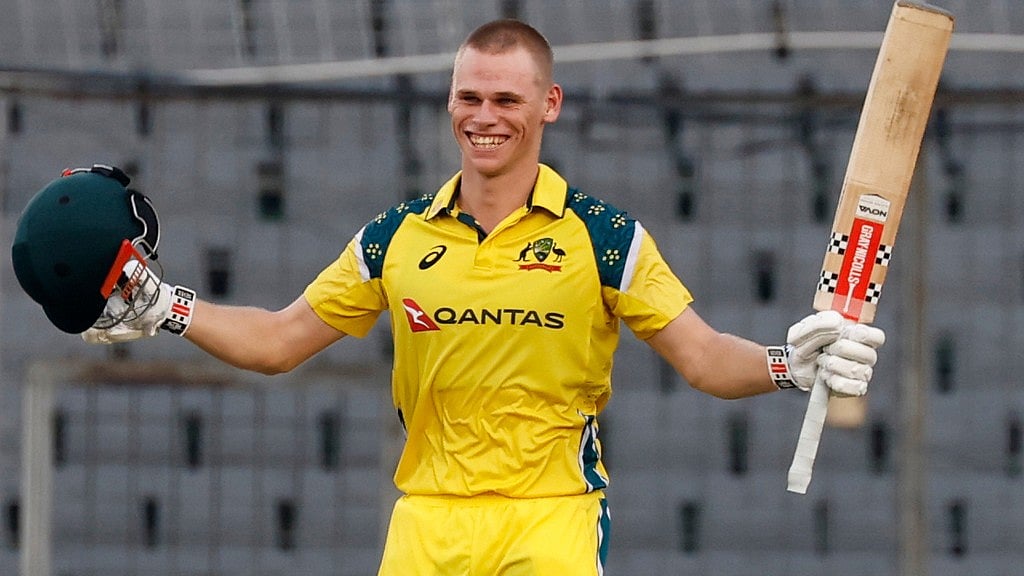 AP Photo : Australia's Cooper Connolly celebrates his century during the third one day international cricket match between Australia and Bangladesh, in Mirpur, Bangladesh.