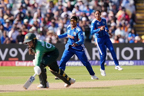 India's Deepti Sharma attempts to run out Pakistan's Natalia Parvaiz during the ICC Women's T20 World Cup, Group 1 cricket match between India and Pakistan in Birmingham, England.