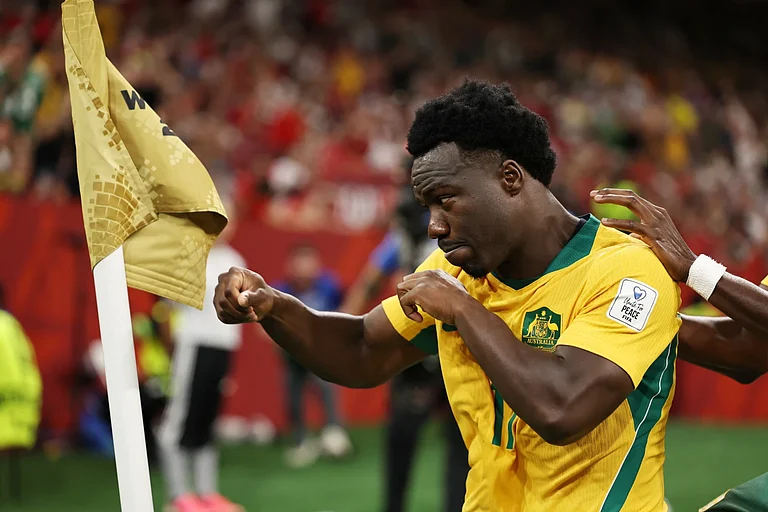 Nestory Irankunda celebrates a goal for Australia against Turkey in their FIFA World Cup 2026 clash. - AP