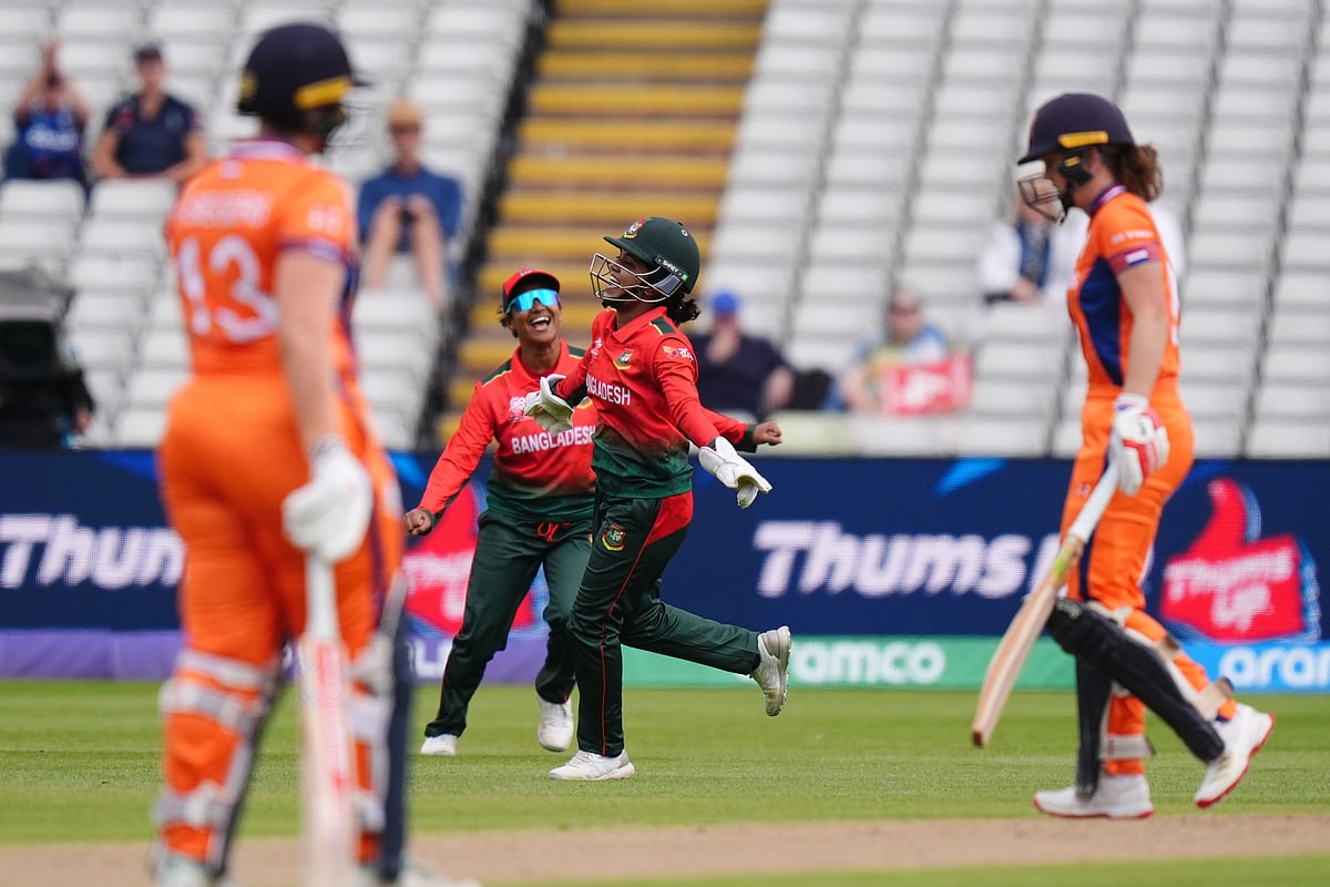 Bangladesh's Nigar Sultana Joty celebrates catching out Netherlands' Phebe Molkenboer during the ICC Women's T20 World Cup, Group 1 match - Jacob King/PA via AP