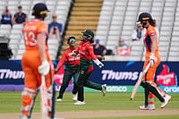 Jacob King/PA via AP : Bangladesh's Nigar Sultana Joty celebrates catching out Netherlands' Phebe Molkenboer during the ICC Women's T20 World Cup, Group 1 match