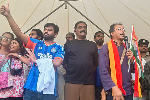 TMC MPs June Maliah, Saayoni Ghosh and Sudip Bandyopadhyay and others leave after a meeting with Union Minister Bhupender Yadav at the latter's residence, in New Delhi.