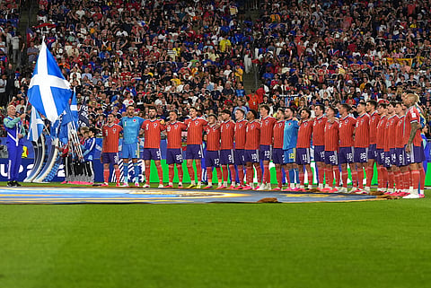 Scotland sings their National Anthem before the World Cup Group C soccer match between Haiti and Scotland in Foxborough, Mass., near Boston, Saturday, June 13, 2026.