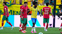 Brazil 1-1 Morocco Highlights, FIFA World Cup 2026: Saibari, Vinicius' Goals Cancel Each Other As Both Share Points AP Photo : Brazil's Vinicius Junior, right, greats Morocco's Ayoub Amaimouni at the end of the World Cup Group C soccer match between Brazil and Morocco in East Rutherford.