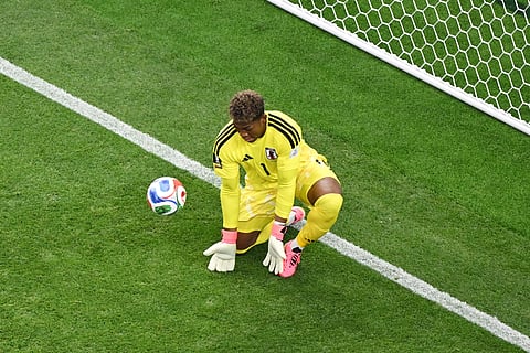 Japan goalkeeper Zion Suzuki (1) makes a save during the World Cup Group F soccer match between the Netherlands and Japan in Arlington, Texas, near Dallas, Sunday, June 14, 2026.
