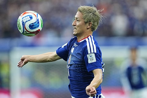 Japan's Daizen Maeda views the ball during a World Cup Group F soccer match against the Netherlands in Arlington, Texas, near Dallas, Sunday, June 14, 2026.