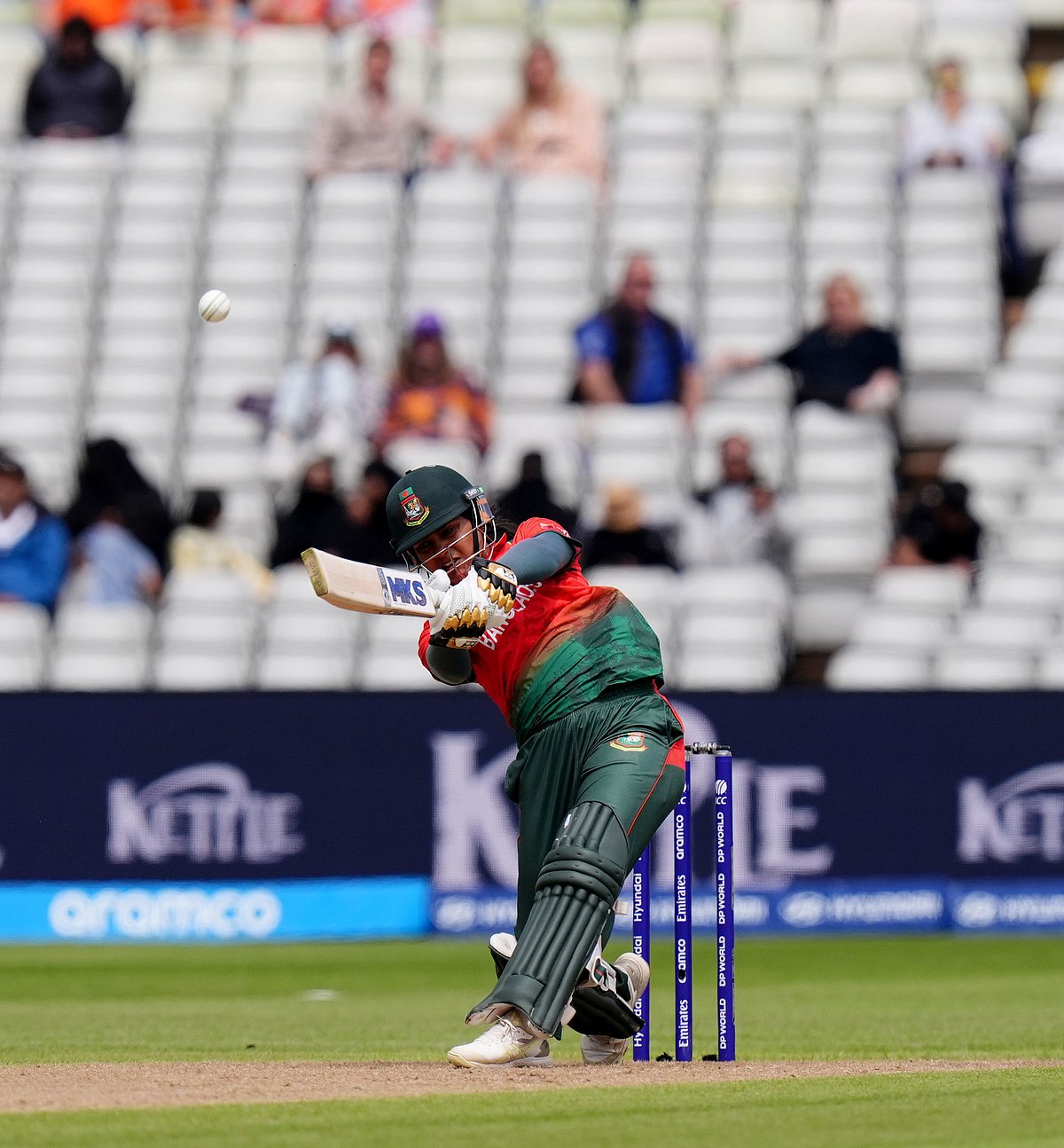Jacob King/PA via AP : Bangladesh's Juairiya Ferdous hits a boundary during the ICC Women's T20 World Cup, Group 1 match between Bangladesh and Netherlands at Edgbaston
