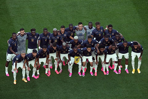 Ecuador players pose before the World Cup Group E soccer match between Ivory Coast and Ecuador in Philadelphia, Sunday, June 14, 2026.