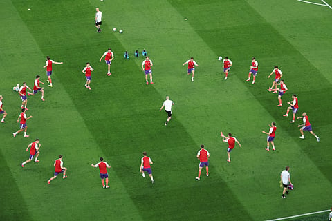 Members of Scotland team warm up ahead of the World Cup Group C soccer match between Haiti and Scotland in Foxborough, Mass., near Boston, Saturday, June 13, 2026.