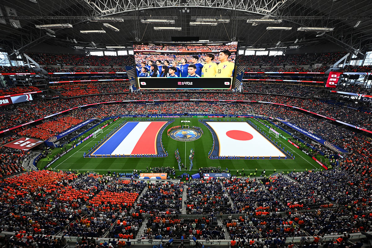 Flags are displayed on the pitch for the national anthem before the World Cup Group F soccer match between the Netherlands and Japan in Arlington, Texas, near Dallas, Sunday, June 14, 2026. - AP Photo/Jessica Tobias