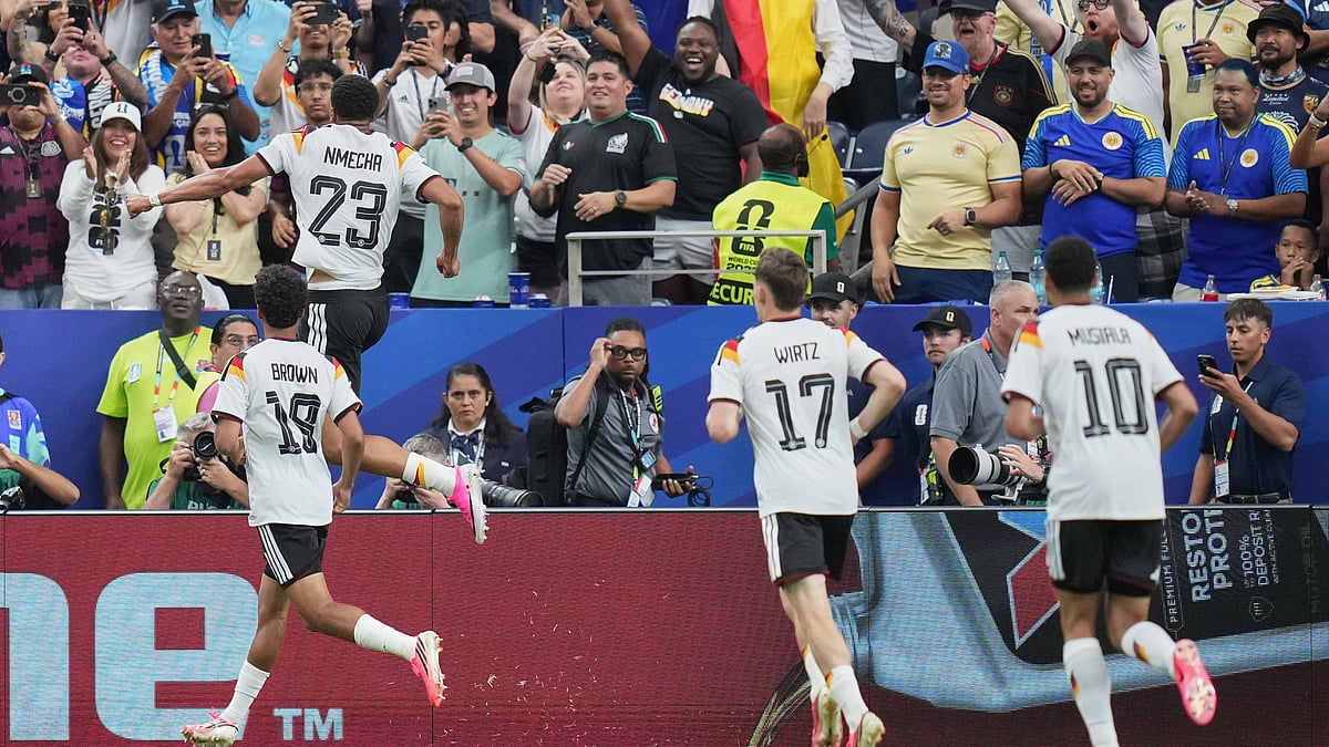 German players celebrate after scoring the opening goal during the World Cup Group E soccer match between Germany and Curacao in Houston, Sunday, June 14, 2026.  - (AP Photo/Eric Gay)