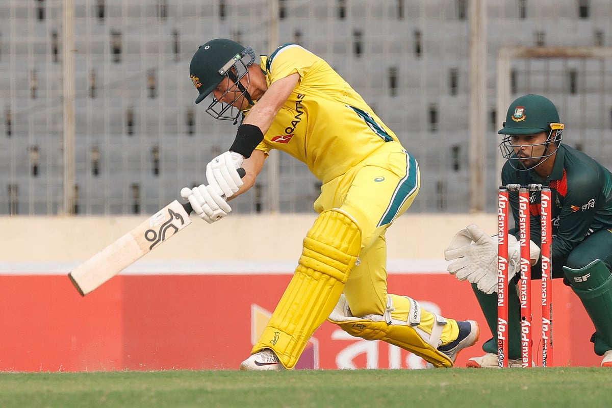 Australia's Marnus Labuschagne plays a shot during the third one day international cricket match between Australia and Bangladesh. - AP