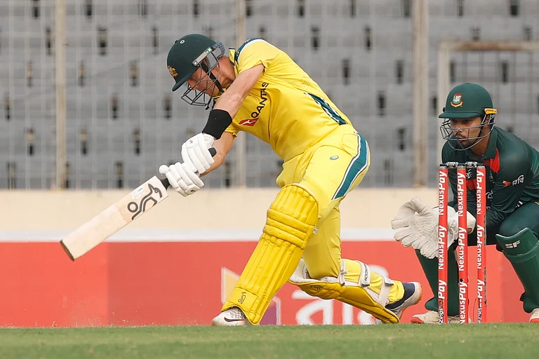 Australia's Marnus Labuschagne plays a shot during the third one day international cricket match between Australia and Bangladesh. - AP