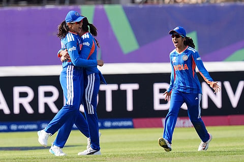 India's Smriti Mandhana celebrates taking the wicket of Pakistan's Fatima Sana during the ICC Women's T20 World Cup, Group 1 cricket match between India and Pakistan in Birmingham, England.