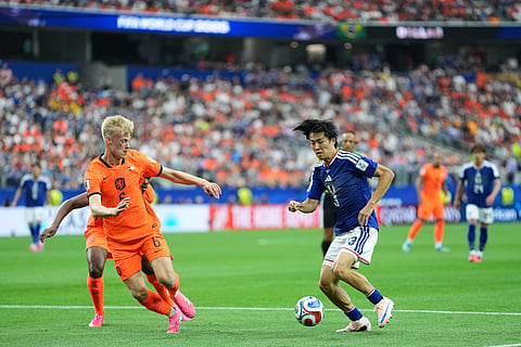 Japan's Keito Nakamura controls the ball during a World Cup Group F soccer match against the Netherlands in Arlington, Texas, near Dallas, Sunday, June 14, 2026.