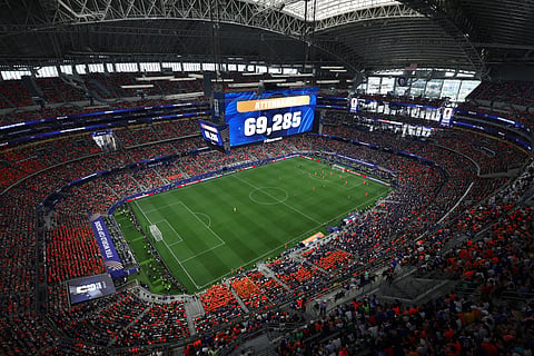 A general view of signage displaying the attendance number is pictured during the World Cup Group F soccer match between the Netherlands and Japan in Arlington, Texas, near Dallas, Sunday, June 14, 2026.