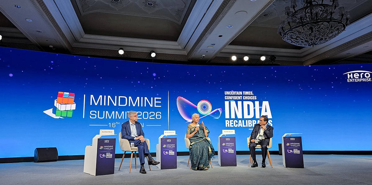 Union Minister Nirmala Sitharaman, Chairman of Hero Enterprise Sunil Kant Munjal and Chairman of Motilal Oswal Financial Services Ltd Raamdeo Agrawal during the Mindmine Summit 2026 New Delhi, Jun 15 (ANI): Union Minister Nirmala Sitharaman, Chairman of Hero Enterprise Sunil Kant Munjal and Chairman of Motilal Oswal Financial Services Ltd Raamdeo Agrawal during the Mindmine Summit 2026, in New Delhi on Monday. (@nsitharamanoffc X ANI Photo) NEW DELHI Delhi India Copyright: xANIx ANI_20260615086
 - null