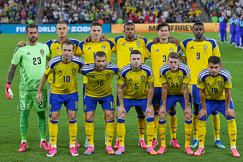 Sweden pose for a team photo ahead of the World Cup Group F soccer match between Sweden and Tunisia in Guadalupe, near Monterrey, Mexico, Sunday, June 14, 2026.