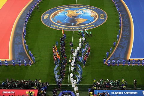 Players walk out for their World Cup Group H soccer match between Spain and Cape Verde in Atlanta, Monday, June 15, 2026.