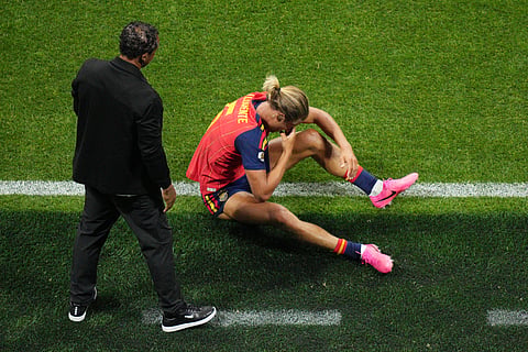 Spain's Marcos Llorente (5) reacts on the ground during the World Cup Group H soccer match between Spain and Cape Verde in Atlanta, Monday, June 15, 2026.