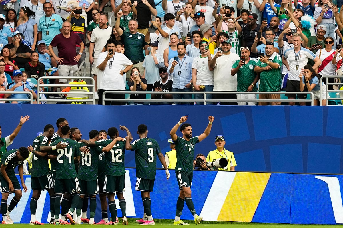 AP Photo/Rebecca Blackwell : Saudi Arabia's Abdulelah Alamri (4) celebrates scoring his side's first goal against Uruguay during a World Cup Group H soccer match in Miami Gardens, Fla., Monday, June 15, 2026.