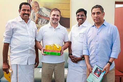 In this image posted on June 15, 2026, Lok Sabha LoP Rahul Gandhi meets Tamil Nadu cabinet ministers Rajesh Kumar, left, Viswanathan Perumal, second right, and MP Praveen Chakravarty, right, in New Delhi.
