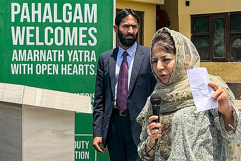 In this image received on June 15, 2026, Jammu and Kashmir former Chief Minister and PDP President Mehbooba Mufti speaks during a meeting ahead of the Amarnath Yatra 2026, at Pahalgam, in Anantnag.