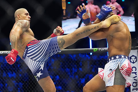 Alex Pereira, left, fights Ciryl Gane during their interim heavyweight title bout at UFC Freedom 250 on the South Lawn of the White House in Washington.