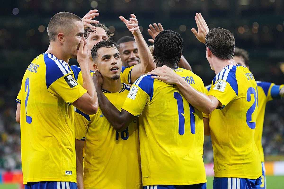 Sweden's Yasin Ayari (18) is congratulated by teammates after scoring his team's fifth goal during the World Cup Group F soccer match between Sweden and Tunisia in Guadalupe, near Monterrey, Mexico, Sunday, June 14, 2026. - AP Photo/Matias Delacroix
