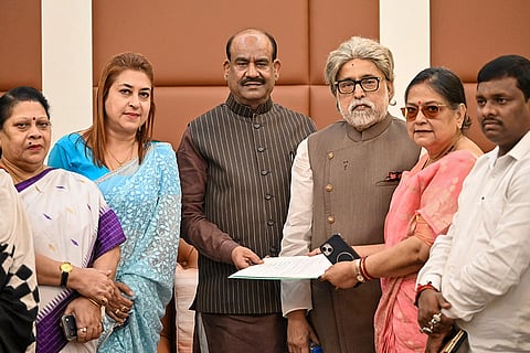 In this image received on June 14, 2026, Lok Sabha Speaker Om Birla receives a letter from TMC MPs including Sudip Bandyopadhyay, Satabdi Roy, Kakoli Ghosh Dastidar, Mala Roy and others for separate seating arrangement in the House, in New Delhi.