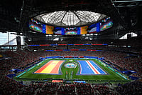 AP Photo/Jacob Kupferman : Players stand for the National anthem before the World Cup Group H soccer match between Spain and Cape Verde in Atlanta, Monday, June 15, 2026.