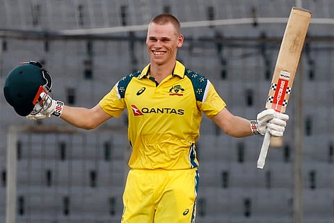 Australia's Cooper Connolly celebrates his century during the third one day international cricket match between Australia and Bangladesh, in Mirpur, Bangladesh.