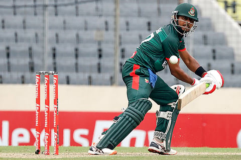 Bangladesh's Mosaddek Hossain plays a shot during the third one day international cricket match between Australia and Bangladesh, in Mirpur, Bangladesh.