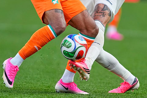 Ivory Coast's Guela Doue (17), left, and Ecuador's Piero Hincapie (3) battle for the ball during the World Cup Group E soccer match between Ivory Coast and Ecuador in Philadelphia, Sunday, June 14, 2026.